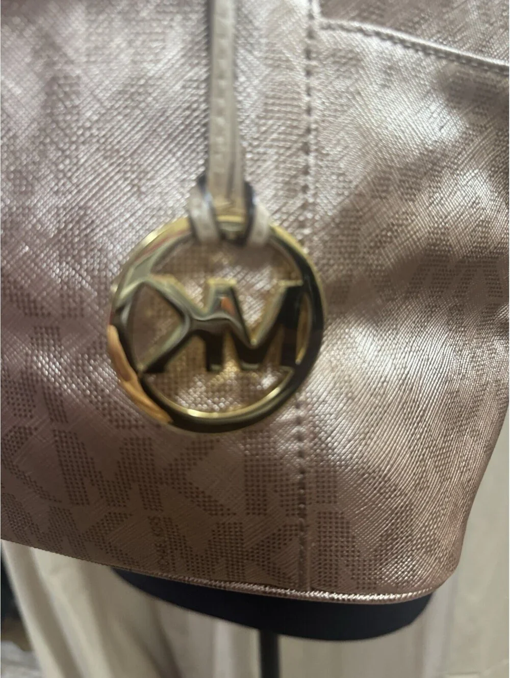 Michael Kors Large Metallic Rose Gold MK Logo Tote Shoulder Bag Gold Hardware
